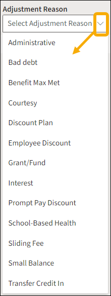 Adjustment Reason with yellow highlight box around the drop down arrow menu with a yellow arrow pointing downwards to the adjustment reason options.